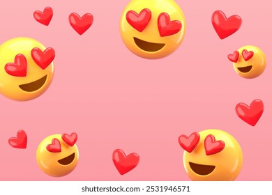 Smiling emojis with heart eyes and red hearts on a pink background. Love and happiness are highlighted with heart emojis and smiling faces. Heart eye emoticon border frame, love background. - Powered by Shutterstock