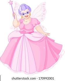 Smiling Fairy Godmother holding magic wand. Raster version 