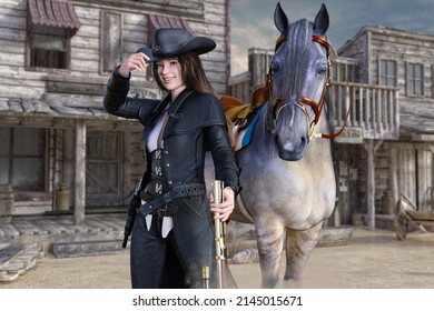 A Smiling Female Sheriff Stands Beside Her Beloved Horse With Her Hand In Her Cowboy Hat.3D Illustration 3D Rendering