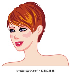 Smiling Girl With Brown Hair And Modern Haircut. Short Hair Style. Raster Clip Art.