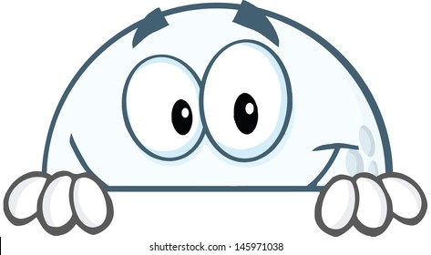 Smiling Golf Ball Cartoon Character Hiding Behind A Sign. Vector Version Also Available In Gallery