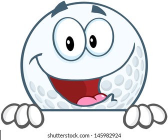 Smiling Golf Ball Cartoon Character Over Sign. Vector Version Also Available In Gallery