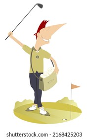 Smiling golfer on the golf court. 
Golfer man with a golf bag full of balls holding a golf club 

