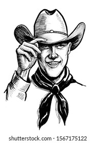 Smiling Handsome Cowboy. Ink Black And White Drawing