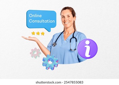 Smiling healthcare online consultation professional. Female doctor in blue scrubs. Online consultation with a healthcare expert. Virtual medical advice. Creative medical consultation remix design - Powered by Shutterstock