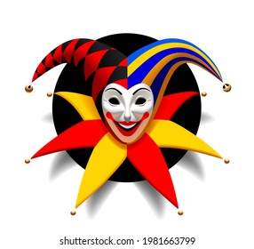 Smiling Joker head with cap and bells in a round black hole isolated on black. Three Dimensional stylized drawing. 3D illustration