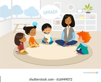 Smiling kindergarten teacher and children sitting in circle and meditating. Preschool activities and early childhood education concept. Illustration for banner, website, poster, advertisement. - Powered by Shutterstock