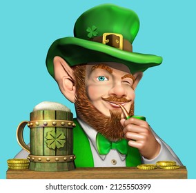 Smiling leprechaun enjoying a large mug of beer. 3D illustration  isolated against a blue background