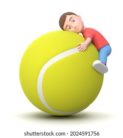 Smiling Little Young Kid Hugging a Big Tennis Ball. 3D Cartoon Character Isolated on White Background 3D Illustration, Love Tennis Concept