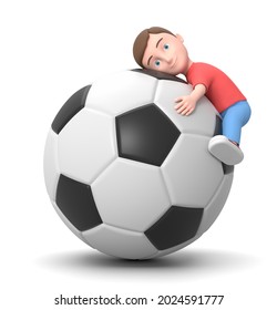 Smiling Little Young Kid Hugging a Big Socce Ball. 3D Cartoon Character Isolated on White Background 3D Illustration, Love Soccer Concept