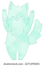 Smiling long  haired cat raising both hands