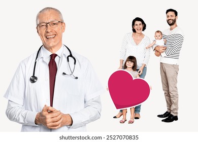 Smiling male doctor with stethoscope. Happy family with mother, father, and two children healthcare. Doctor and family. Family holding healthcare heart. Doctor and family together. Healthcare image. - Powered by Shutterstock