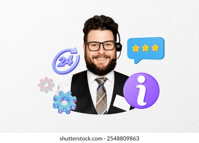 Smiling man with headset, glasses, and beard, surrounded by icons like gears, stars, and info symbol. Customer service, support, and communication theme. Creative customer service remix design - Powered by Shutterstock