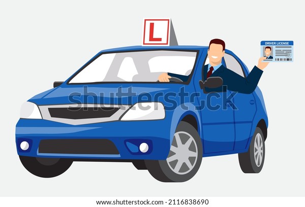 Smiling\
man in a jacket and tie sits in a blue training car and shows his\
driver license. Design concept driving school or learning to drive.\
Illustration in flat style on a white\
background