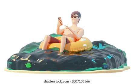 Smiling Man Relaxing On Inflatable Pool Float. Happy Tourist On Vacations Riding Orange Floatie And Making Selfie With Smartphone. Holidays On Sea Or Ocean Beach. 3d Illustration