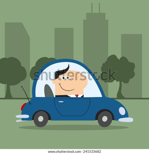 Smiling Manager Driving Car To Work In\
City.Modern Flat Design Raster\
Illustration