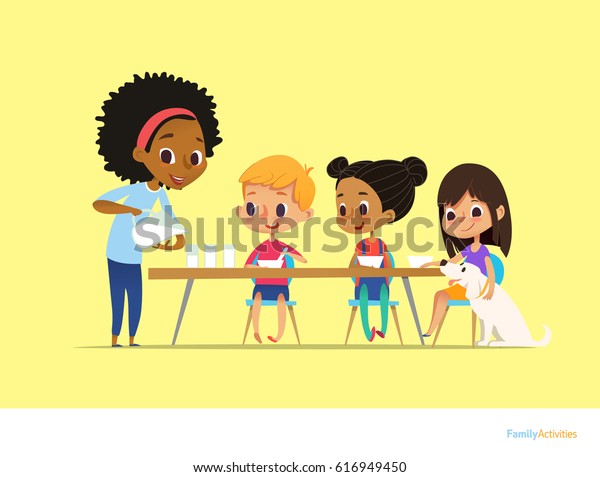 Smiling Multiracial Children Sit Table Have Stock Illustration 616949450