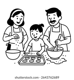 Smiling parents and their child baking cookies together in the kitchen, mixing dough and adding sprinkles, illustrated in simple black and white line art style - Powered by Shutterstock - Get 15% off with code: PIKWIZARD15