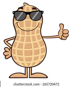 Smiling Peanut Cartoon Character With Sunglasses Giving A Thumb Up. Raster Illustration Isolated On White
