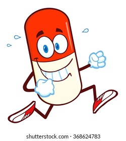 Smiling Pill Capsule Cartoon Character Running. Raster Illustration Isolated On White