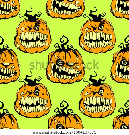 Smiling pumpkin Halloween seamless pattern. Design background for party poster. Hand drawn cartoon illustration. Objects isolated over acid green.