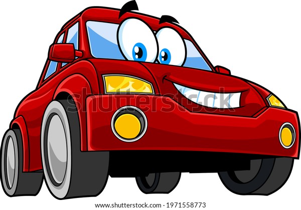 Smiling Red Car Cartoon\
Character. Raster Hand Drawn Illustration Isolated On Transparent\
Background