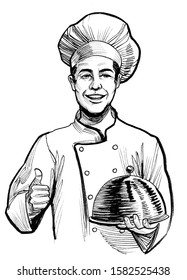 Smiling Restaurant Chef With A Meal Showing Big Thumb. Ink Black And White Drawing