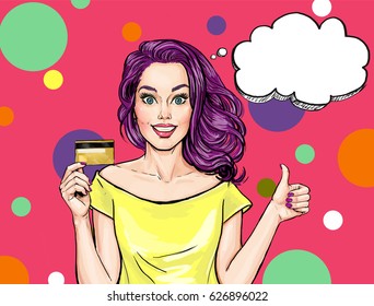 Smiling sexy woman with OK sign and credit card. Advertising design of elegant girl that guarantees the quality of work or services. Bank support or loyalty program for students with female model.