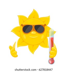 Smiling Sun With Sunglasses And Thermometer Isolated On White Background, Illustration.