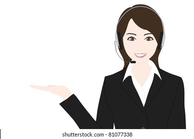 smiling support phone operator in headset, isolated on white background.