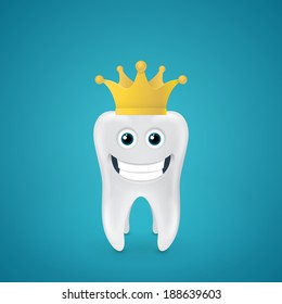Smiling tooth with crown on blue backround