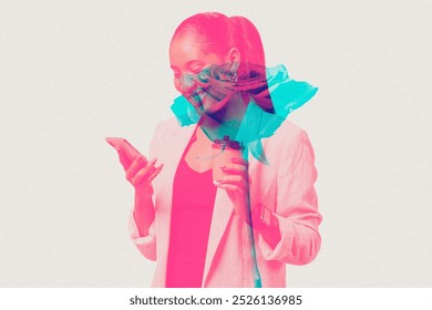 Smiling woman, African American, using smartphone. Woman in blazer, holding coffee. African American woman, smiling, multitasking with smartphone and coffee. Double exposure image. - Powered by Shutterstock