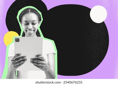 Smiling woman hold tablet, colorful abstract background. Engaged with tablet, enjoying technology. Vibrant modern tech-focused creative collage. Happy woman enjoy technology, colorful collage design - Powered by Shutterstock