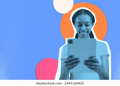 Smiling woman hold tablet, with colorful abstract background. Colorful creative collage of woman focus on tablet, enjoying the digital experience. Happy woman using tablet, technology theme collage - Powered by Shutterstock