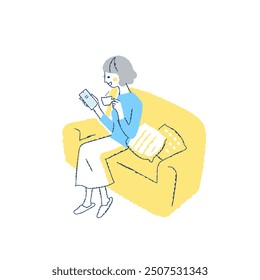 Smiling woman sitting on sofa and looking at smartphone - Powered by Shutterstock