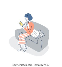 Smiling woman sitting on sofa and looking at smartphone - Powered by Shutterstock