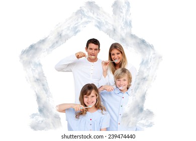 Smiling young family brushing their teeths against house outline in clouds - Powered by Shutterstock