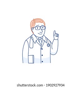 Smiling young male doctor thin line portrait in glasses in white medical uniform and stethoscope with thumb up warning hand gesture look at camera, happy man GP physician. Outline illustration. - Powered by Shutterstock