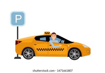 Smiling young taxi driver inside his car.Taxi service on parking lot. Friendly taxi driver at the wheel of car. Side view of Right-hand drive car. flat cartoon illustration on white background