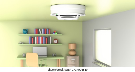 Smoke Alarm Detector, Fire Alert Equipment For Home Fire Safety. Device Moulded On Child Room Ceiling. 3d Illustration