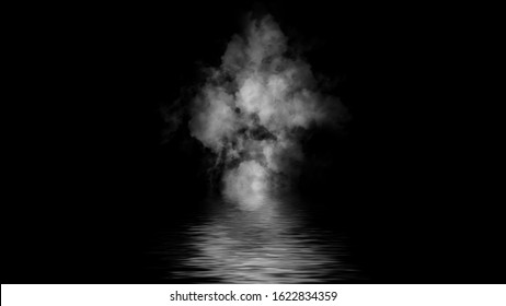 Smoke Bomb With Reflection In Water. Mistery Fog Texture Overlays Isolated On Background.