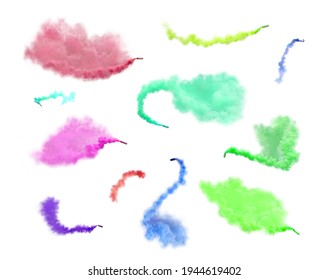 Smoke Bomb Set Isolated. Explosion Of Colored Smoke Grenade Set Isolated On White. Colorful Smoke Bomb Isolated.