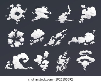 Smoke Clouds Set Of Special Effects Isolated On Dark Background. Cartoon Steam Or Fog, Cloud Of Smog And Dust. Cloudy Sky, Pollution Explosion, Trail From Car Gas, Steam Of Vapor In Movement