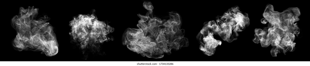 Smoke clouds, steam mist fog, realistic 3D isolated on black background. White foggy vapor smoke clouds from dust particles - Shutterstock ID 1734133286