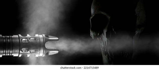 Smoke Coming From A Gun Barrel With Skull Behind On A Black Background