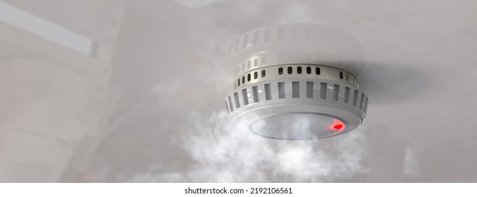Smoke detector mounted on the ceiling of an apartment. 3d illustration