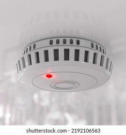 Smoke detector mounted on the ceiling of an apartment. 3d illustration