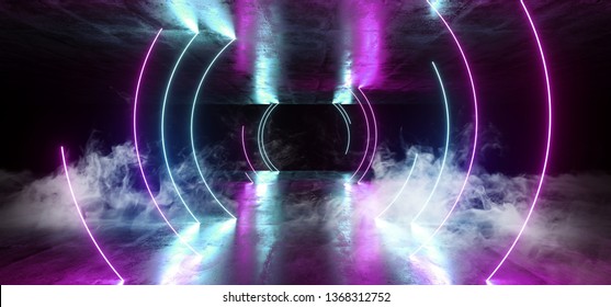 Smoke Elegant Circle Path Shaped Neon Fluorescent Retro Laser Led Show Stage Vibrant Blue Purple Glowing Lights In Underground Hall Grunge Concrete Glossy Cement Garage Tunnel 3D Rendering 
