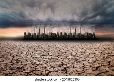 The Smoke Escaping From The Pipes In Orange And Blue Color At Night, Air Pollution Cause Of Dust PM2.5, With Foreground Land With Dry And Cracked Ground. Desert, Global Warming Background,3D Rendering