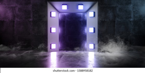 Smoke Fashion Neon Beams Laser Glowing Purple Blue Gate Portal Studio Night Club Arc Stage Showcase Event Spaceship Cyber Futuristic Modern Sci Fi Background 3D Rendering Illustration